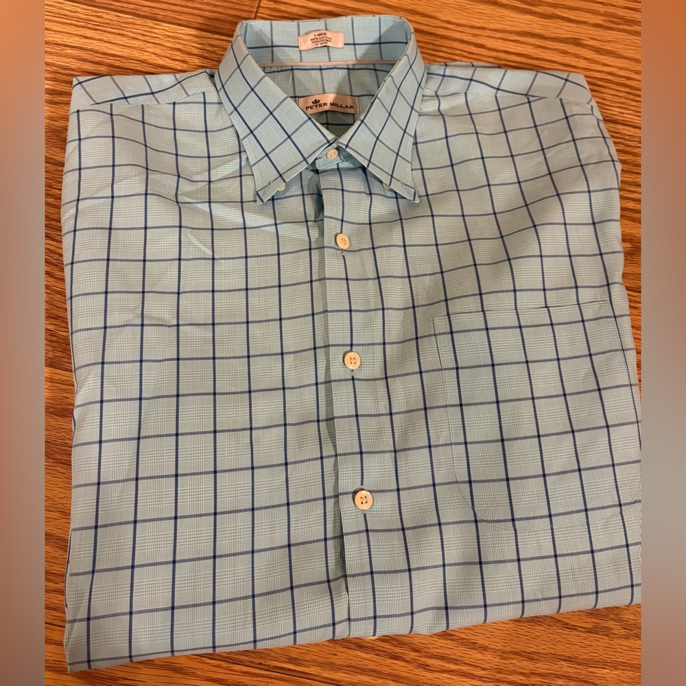 Peter Millar Crown Men’s Large Button Down Shirt Blue Green White Plaid Cotton